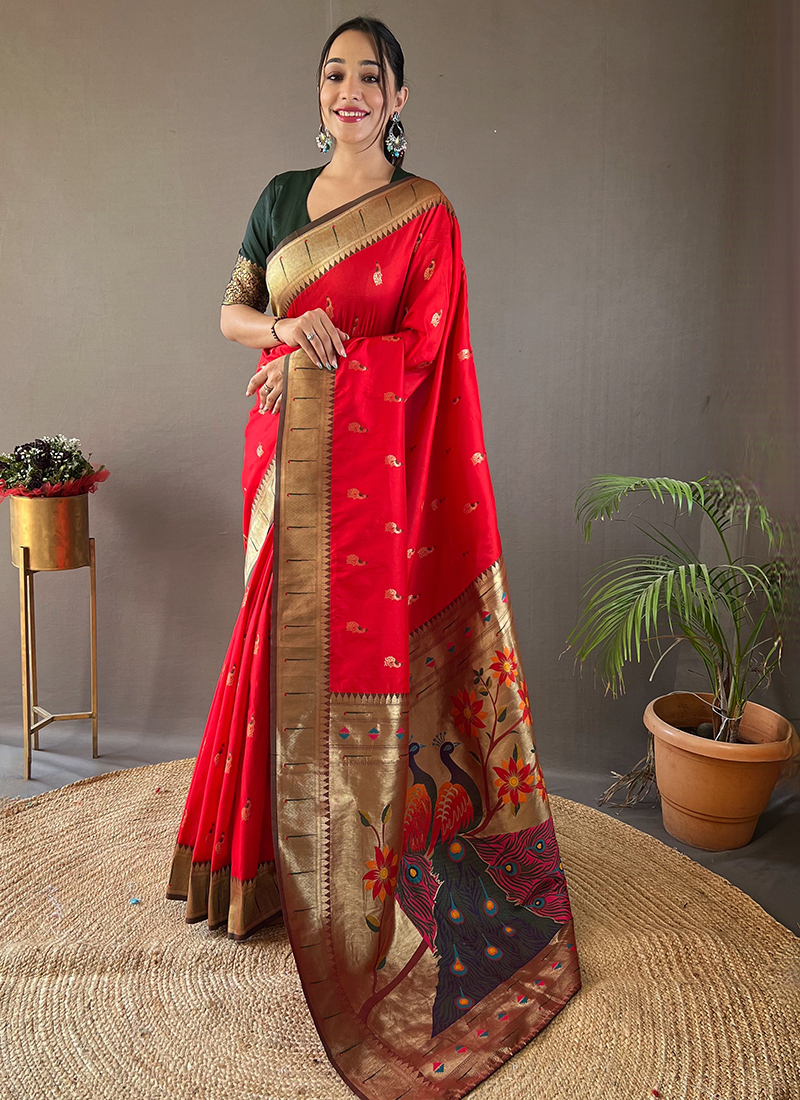 Red Paithani Silk Saree With Unstitched Blouse And Dupatta